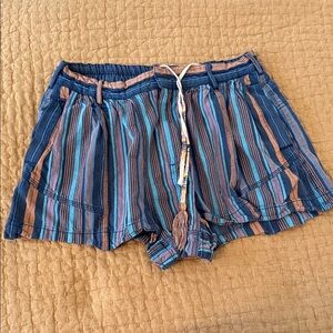 Free People Blue and Brown Striped Drawstring Shorts